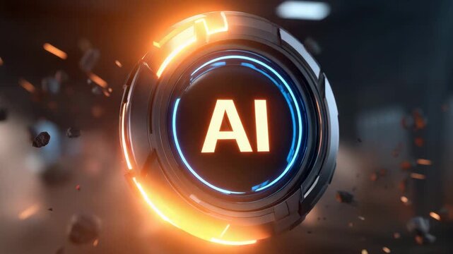 Artificial intelligence symbol glowing futuristic metal ring with neon blue light and orange accents, abstract digital interface, sci fi technology, dark background, cyber data processing system