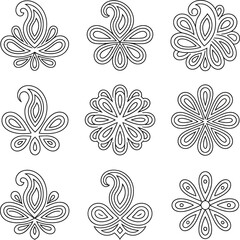 Fototapeta premium Nine ornate paisley and floral motifs in black outline on white background for design