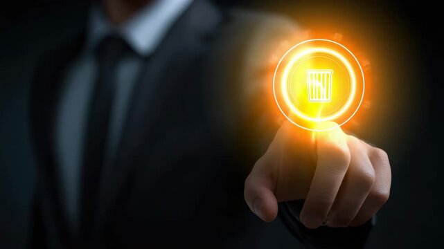 Hand finger point light icon trash button glowing orange digital interface business technology touch target circular symbol waste bin delete recycle disposal hand finger touch icon trash delete erase