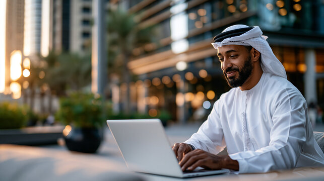A businessman in a crisp white kandora and ghatra sits at a soft outdoor table working on a bright laptop in a calm modern financial plaza in golden daylight outdoor work modern