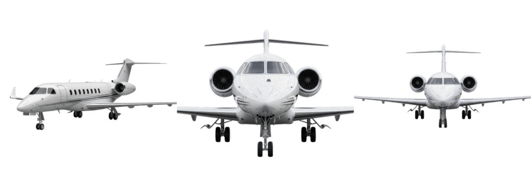 Modern private business jets isolated on white background, fleet of corporate aircraft for luxury travel and executive aviation, professional transportation concepts for private charter services a....
