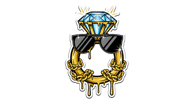 Diamond ring with sunglasses and gold chains illustration.