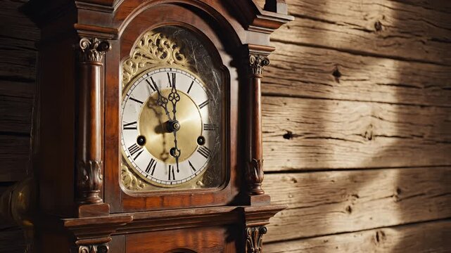 Antique Grandfather Clock Ticking Against Rustic Wooden Wall.