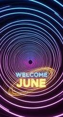 Fototapeta premium Vibrant purple and green spiral welcome to June background.