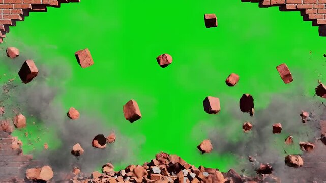 Brick wall exploding outwards with debris and green screen effect.