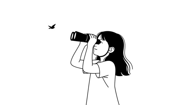 Young girl watching insect through large binoculars outdoors.