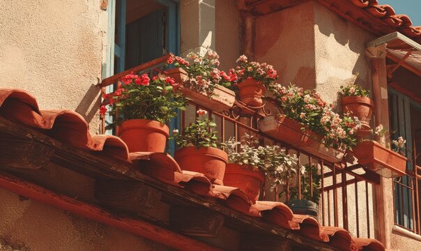 Terracotta pots brimming with vibrant red and white flowers on a tiled roof
