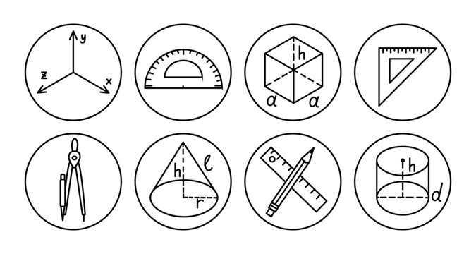 Collection of geometric symbols and tools such as a protractor, compass, and ruler displayed in a grid format on a clean white background