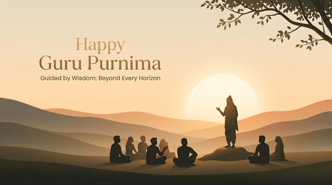 Guru purnima celebration with silhouette figures at sunset