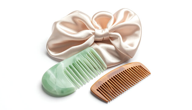 Elegant satin scrunchie with two hair combs, one jade green and one wood, isolated on white background, beauty and hair care accessories