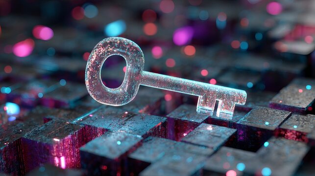 A shiny key sits on a futuristic grid with colorful lights in the background