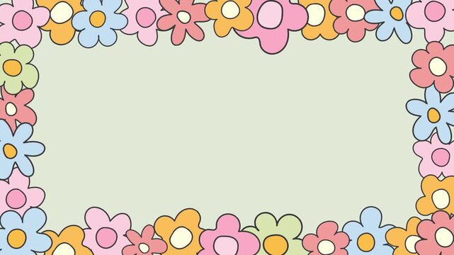 4K video animation of cute pastel pattern with flowers frame popped looping and rotate motion graphic on green background, seamless frame with flowers, repeated geometric motif video. Summer floral