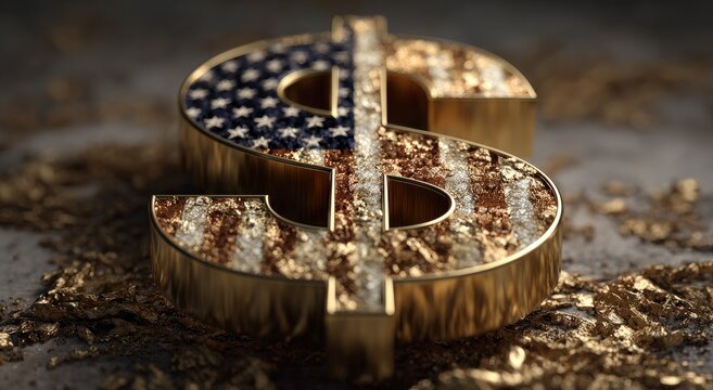 A golden dollar sign, textured with an American flag, rests on a bed of gold nuggets