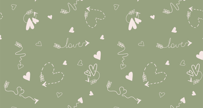 Muted sage love seamless pattern with hand drawn arrows hearts and doodle details