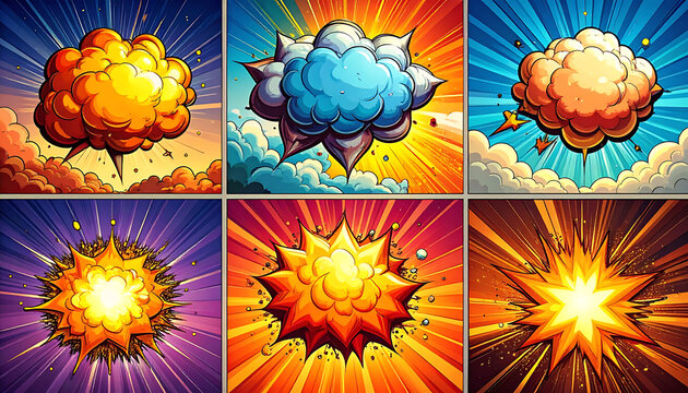 Explosions and bursts in pixel art style, vibrant colors, comic book aesthetic, action and energy, retro gaming graphics