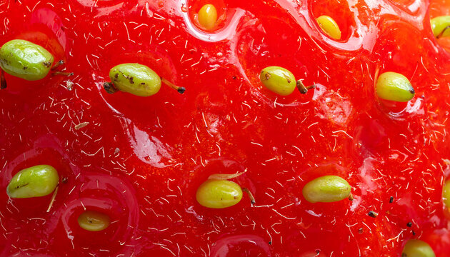 Extreme close up macro shot of a ripe red strawberry skin texture showing seeds and water droplets, food photography