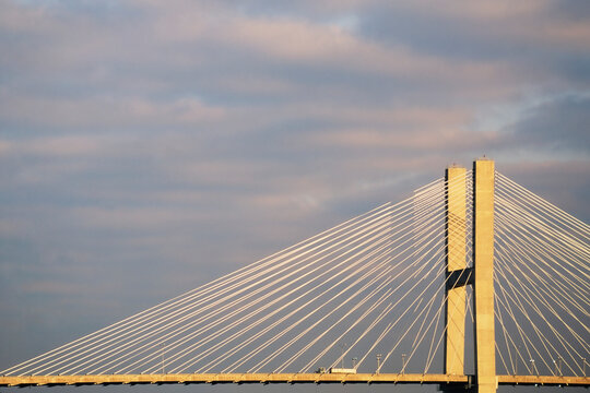 Truck on Talmadge Memorial Bridge against sky