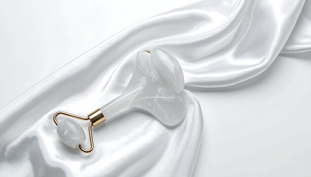 Elegant white jade facial roller with gold accents resting on flowing white satin fabric, serene beauty and skincare concept