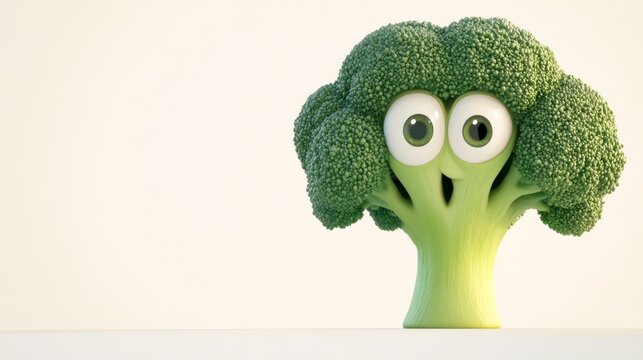 Cartoon broccoli character expressing surprise on white background; healthy eating concept; stock photo