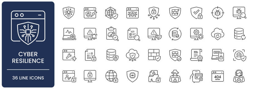Cyber resilience icon set. Collection of incident response, disaster recovery, zero trust, threat hunting and network security line icon vector illustration with editable stroke.