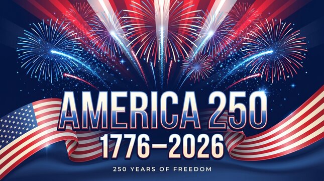 Wide America 250 banner with fireworks, flowing American flag ribbon, 1776-2026 text, and dark patriotic sky