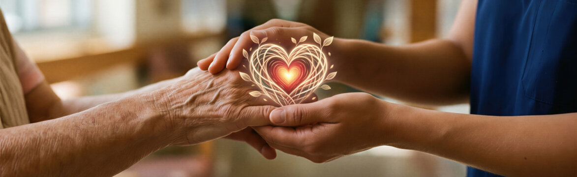 Nurse holding hand of elderly person with digital glowing heart symbol. Concept of medicine, professional care, empathy and compassion. Health Workers Day celebration in medical clinic. Banner with