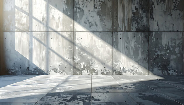 empty industrial room with textured concrete walls and floor, dramatic light beams cast by window, grunge aesthetic, urban decay mood