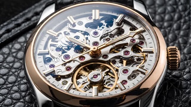 Closeup of a luxurious skeleton mechanical watch with intricate gears.