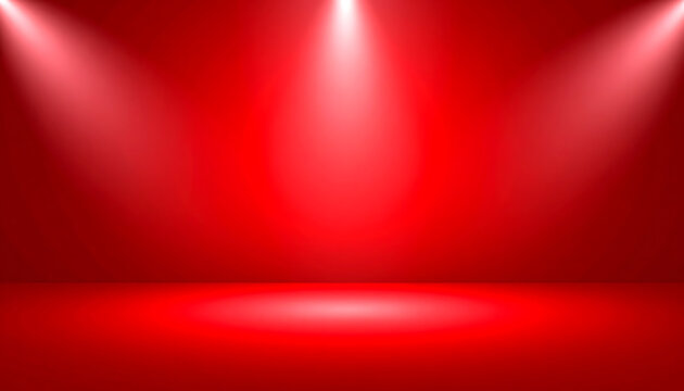 Empty red studio stage with spotlights, spotlight effect, illuminated floor, presentation background