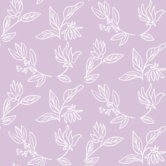 Fototapeta premium Floral pattern illustration featuring delicate white line drawings of various flowers and leaves on a soft lavender background, suitable for textile or wallpaper design