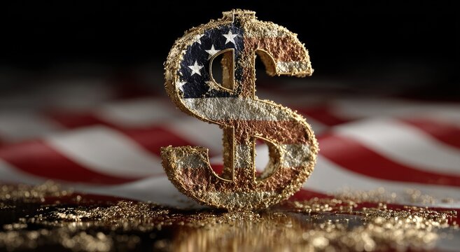 Golden dollar sign textured with US flag pattern on wavy background