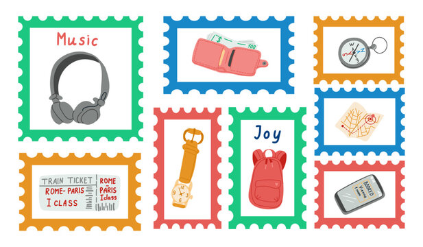 Colorful illustrated stamps featuring various travel-related items including headphones, wallet, compass, train ticket, flashlight, backpack, and smartphone with labels for music and joy