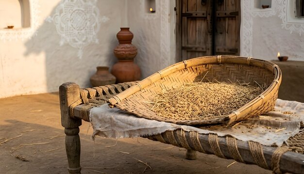 Traditional Indian bamboo sieve with golden wheat grains on a rustic wooden charpai in a village courtyard