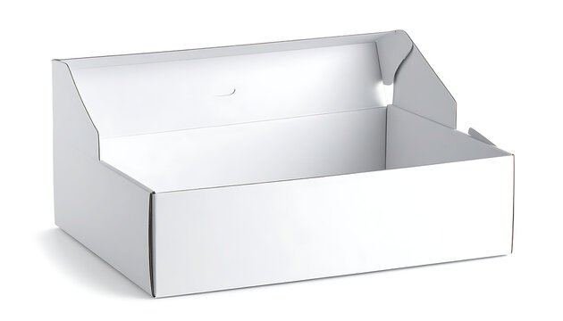 Empty white cardboard display box with open top and angled front, isolated on white, retail packaging mockup