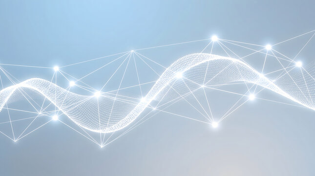 Futuristic network connections wave with glowing nodes on blue background representing technology and data flow
