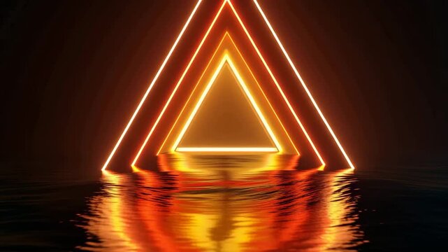 Vibrant orange neon triangle geometric shape abstract background light formation reflection dark