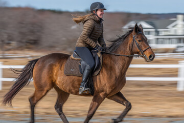 Fototapeta premium dynamic equestrian portrait enthusiastic rider in motion soaring majestically atop horse