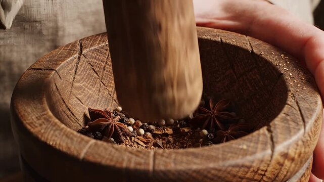 Closeup of hand grinding spices in a wooden mortar and pestle.