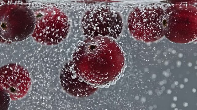 Closeup of Fresh Red Currants Dropping into Sparkling Water.