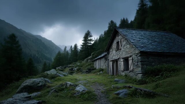 Mountain cabin stone house in forest valley under cloudy sky along rocky path, remote rural landscape with pine tree, misty alpine scenery, lonely rustic shelter at dusk, moody sky and grassy field
