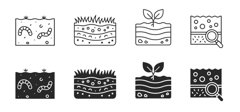 Soil layer line editable icon set with geology agriculture ground profile and earth analysis symbols