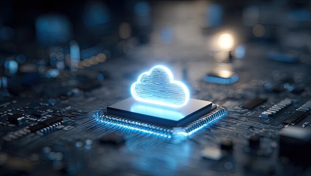 Digital cloud icon glowing above a microchip on a circuit board
