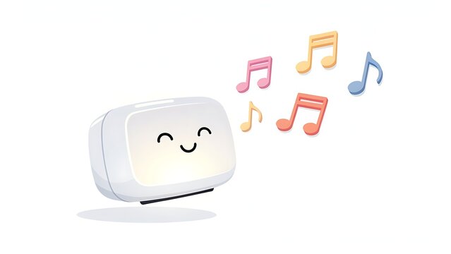 Cute smiling face in white frame with colorful music notes.