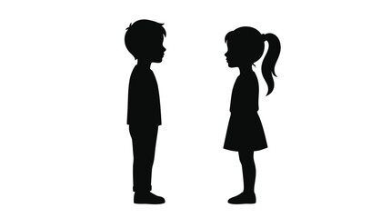 Silhouette of a boy and girl standing facing each other isolated on white
