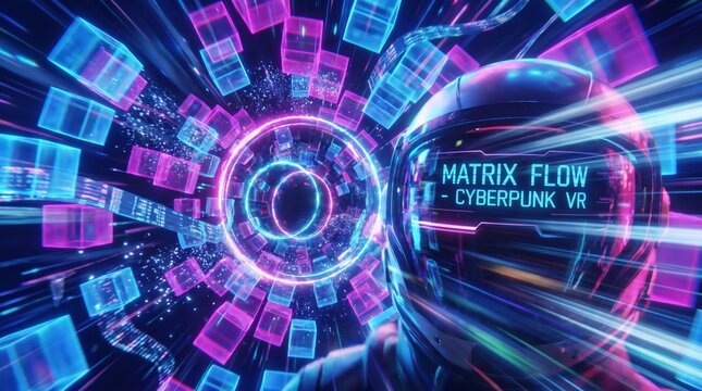 Cyberpunk virtual reality head mounted display in digital matrix flow with cyberpunk technology futuristic metaverse electronic cyberspace augmented computer interface simulation internet