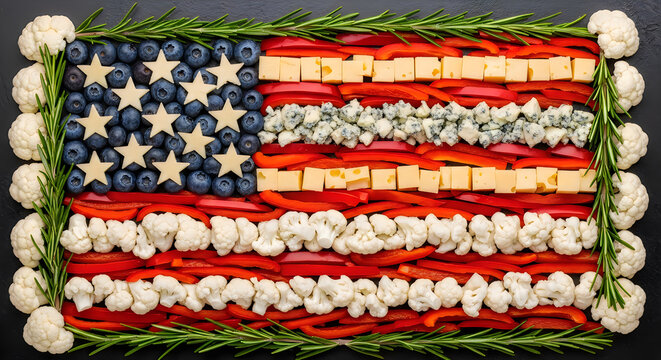 American flag food art patriotic display of cauliflower blueberries red peppers and cheese for independence day