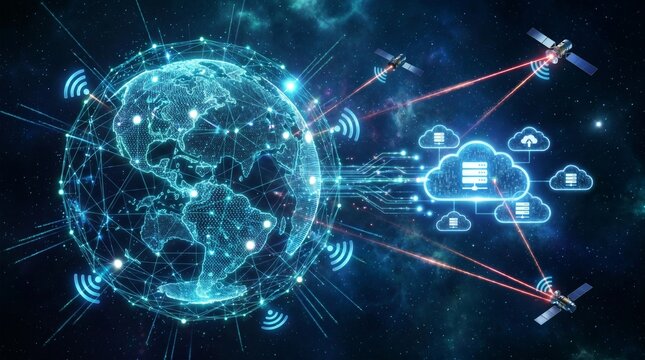 Global satellite network connection with cloud computing infrastructure satellite computing technology connection communication internet infrastructure wireless telecommunication information
