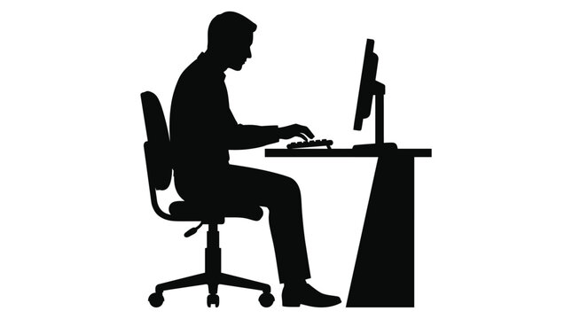 Minimalist black silhouette of a person sitting at a desk and using a computer