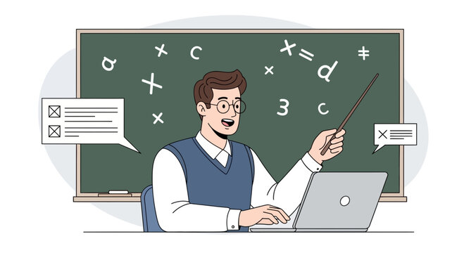 Teacher with laptop and blackboard, online education concept
