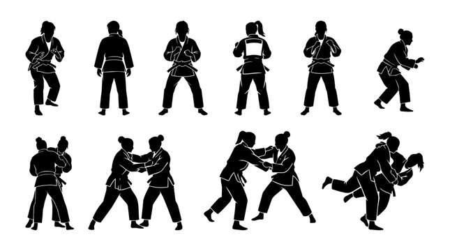 Female judoka in judo uniform with back number grappling and throwing on a studio background.